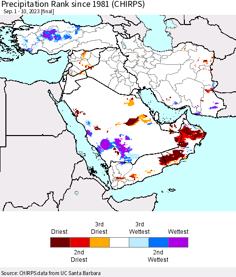 Middle East and Turkey Precipitation Rank since 1981 (CHIRPS) Thematic Map For 9/1/2023 - 9/10/2023