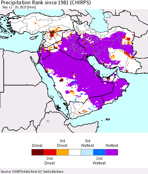 Middle East and Turkey Precipitation Rank since 1981 (CHIRPS) Thematic Map For 9/11/2023 - 9/20/2023