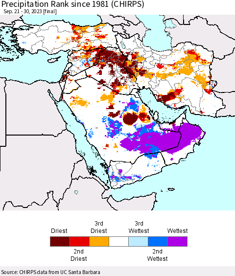 Middle East and Turkey Precipitation Rank since 1981 (CHIRPS) Thematic Map For 9/21/2023 - 9/30/2023