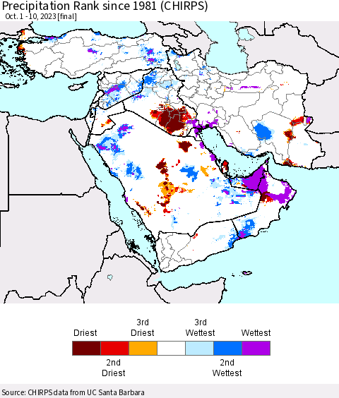 Middle East and Turkey Precipitation Rank since 1981 (CHIRPS) Thematic Map For 10/1/2023 - 10/10/2023