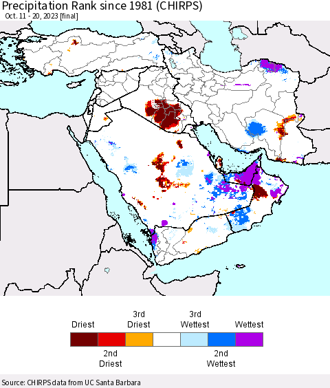 Middle East and Turkey Precipitation Rank since 1981 (CHIRPS) Thematic Map For 10/11/2023 - 10/20/2023
