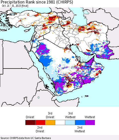 Middle East and Turkey Precipitation Rank since 1981 (CHIRPS) Thematic Map For 10/21/2023 - 10/31/2023