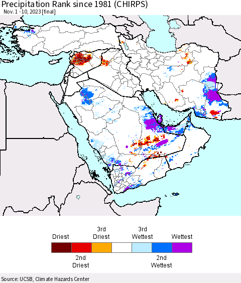 Middle East and Turkey Precipitation Rank since 1981 (CHIRPS) Thematic Map For 11/1/2023 - 11/10/2023