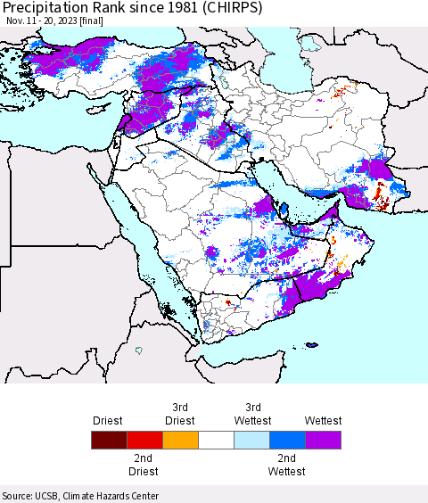 Middle East and Turkey Precipitation Rank since 1981 (CHIRPS) Thematic Map For 11/11/2023 - 11/20/2023