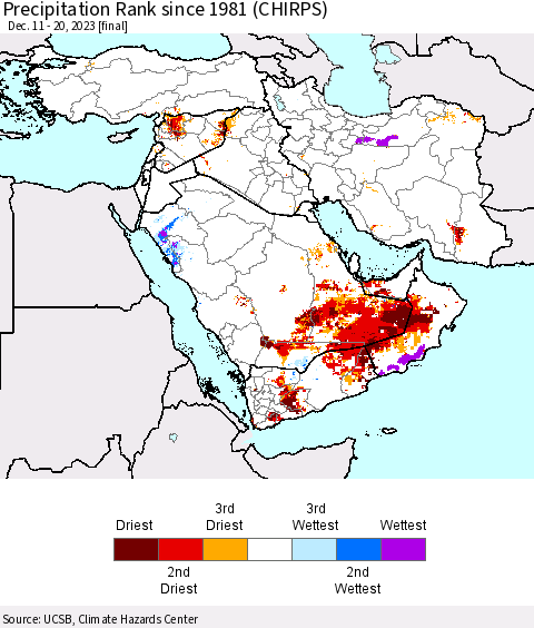 Middle East and Turkey Precipitation Rank since 1981 (CHIRPS) Thematic Map For 12/11/2023 - 12/20/2023