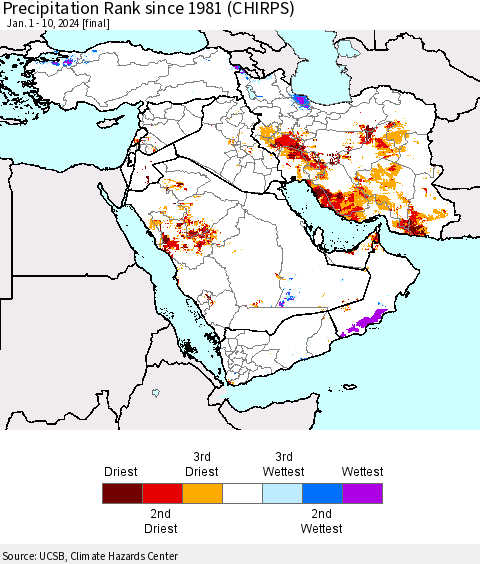 Middle East and Turkey Precipitation Rank since 1981 (CHIRPS) Thematic Map For 1/1/2024 - 1/10/2024