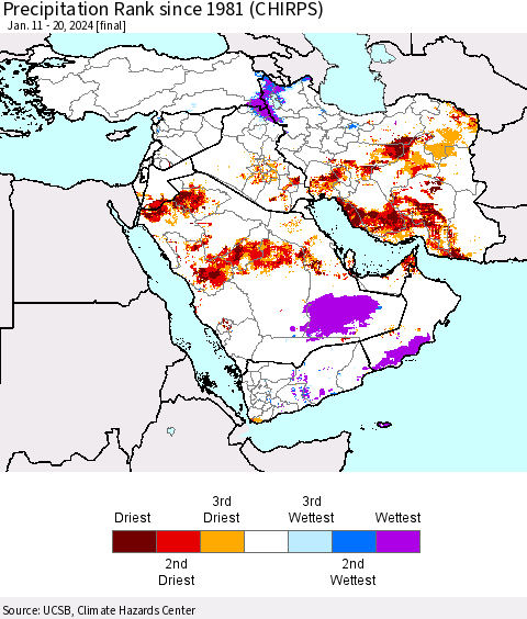 Middle East and Turkey Precipitation Rank since 1981 (CHIRPS) Thematic Map For 1/11/2024 - 1/20/2024