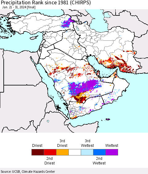 Middle East and Turkey Precipitation Rank since 1981 (CHIRPS) Thematic Map For 1/21/2024 - 1/31/2024