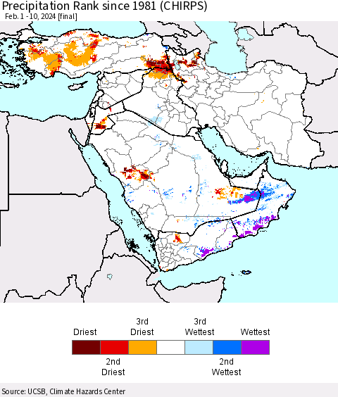 Middle East and Turkey Precipitation Rank since 1981 (CHIRPS) Thematic Map For 2/1/2024 - 2/10/2024