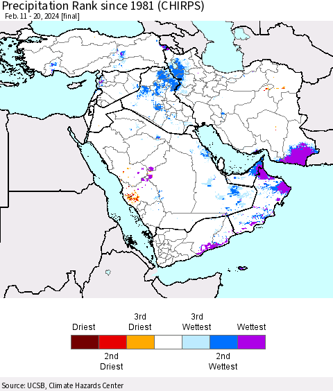 Middle East and Turkey Precipitation Rank since 1981 (CHIRPS) Thematic Map For 2/11/2024 - 2/20/2024