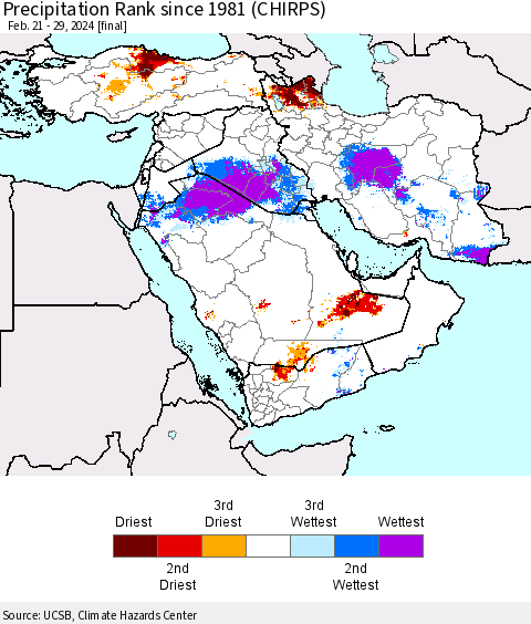 Middle East and Turkey Precipitation Rank since 1981 (CHIRPS) Thematic Map For 2/21/2024 - 2/29/2024