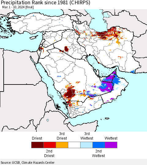 Middle East and Turkey Precipitation Rank since 1981 (CHIRPS) Thematic Map For 3/1/2024 - 3/10/2024