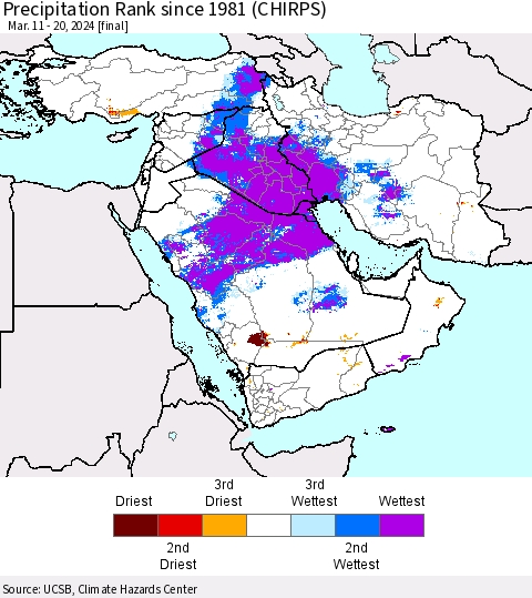 Middle East and Turkey Precipitation Rank since 1981 (CHIRPS) Thematic Map For 3/11/2024 - 3/20/2024