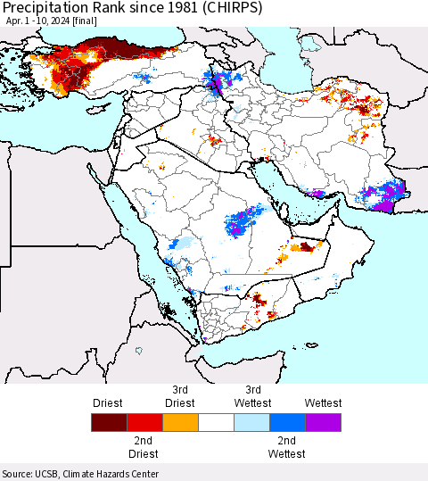 Middle East and Turkey Precipitation Rank since 1981 (CHIRPS) Thematic Map For 4/1/2024 - 4/10/2024