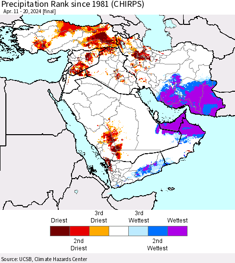 Middle East and Turkey Precipitation Rank since 1981 (CHIRPS) Thematic Map For 4/11/2024 - 4/20/2024