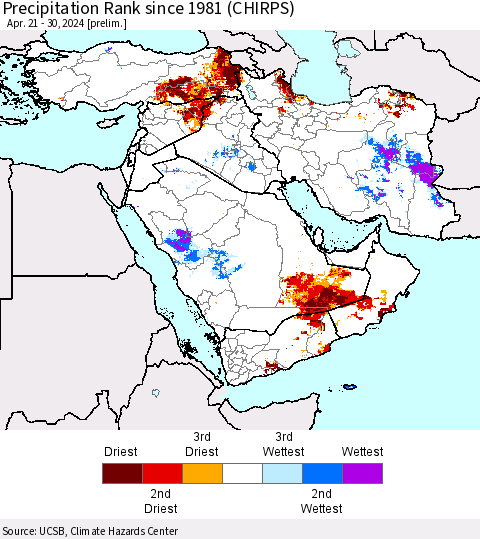 Middle East and Turkey Precipitation Rank since 1981 (CHIRPS) Thematic Map For 4/21/2024 - 4/30/2024