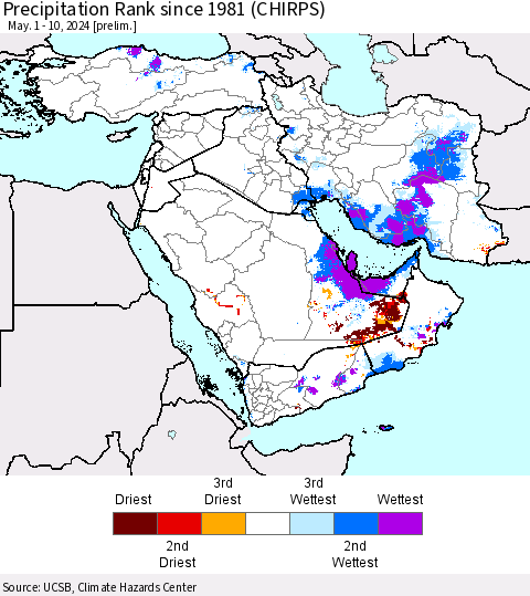Middle East and Turkey Precipitation Rank since 1981 (CHIRPS) Thematic Map For 5/1/2024 - 5/10/2024