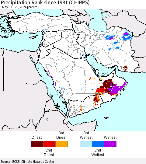 Middle East and Turkey Precipitation Rank since 1981 (CHIRPS) Thematic Map For 5/11/2024 - 5/20/2024
