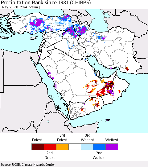 Middle East and Turkey Precipitation Rank since 1981 (CHIRPS) Thematic Map For 5/21/2024 - 5/31/2024
