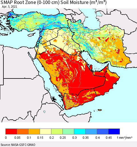 Middle East and Turkey SMAP Root Zone (0-100 cm) Soil Moisture (m³/m³) Thematic Map For 4/1/2021 - 4/5/2021