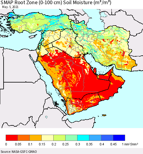 Middle East and Turkey SMAP Root Zone (0-100 cm) Soil Moisture (m³/m³) Thematic Map For 5/1/2021 - 5/5/2021