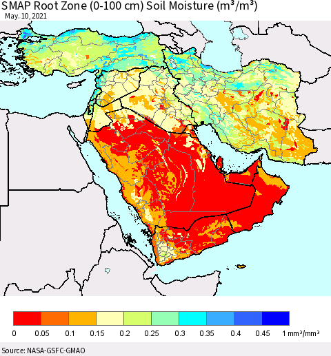 Middle East and Turkey SMAP Root Zone (0-100 cm) Soil Moisture (m³/m³) Thematic Map For 5/6/2021 - 5/10/2021