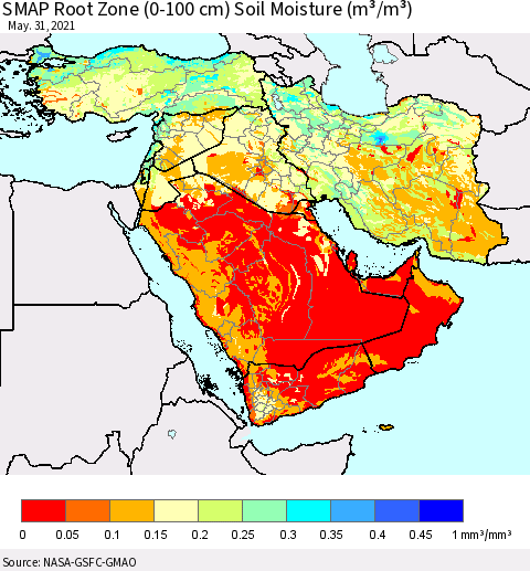 Middle East and Turkey SMAP Root Zone (0-100 cm) Soil Moisture (m³/m³) Thematic Map For 5/26/2021 - 5/31/2021