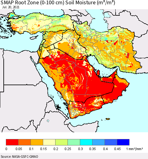 Middle East and Turkey SMAP Root Zone (0-100 cm) Soil Moisture (m³/m³) Thematic Map For 7/16/2021 - 7/20/2021