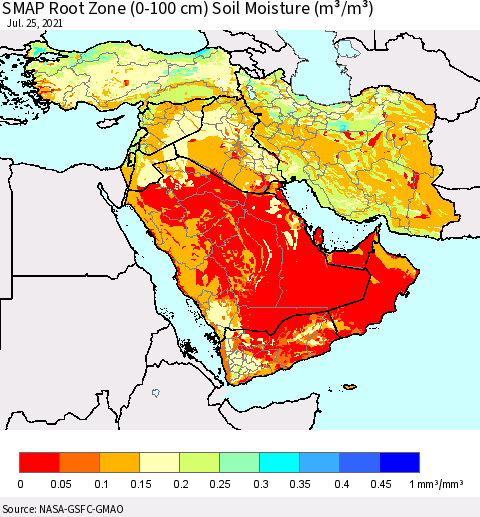 Middle East and Turkey SMAP Root Zone (0-100 cm) Soil Moisture (m³/m³) Thematic Map For 7/21/2021 - 7/25/2021