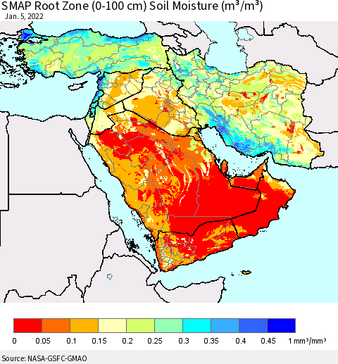 Middle East and Turkey SMAP Root Zone (0-100 cm) Soil Moisture (m³/m³) Thematic Map For 1/1/2022 - 1/5/2022