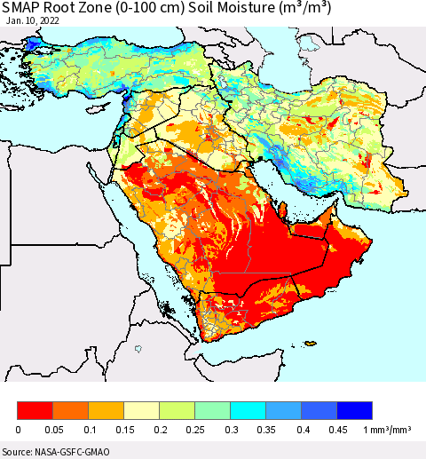 Middle East and Turkey SMAP Root Zone (0-100 cm) Soil Moisture (m³/m³) Thematic Map For 1/6/2022 - 1/10/2022