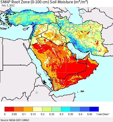 Middle East and Turkey SMAP Root Zone (0-100 cm) Soil Moisture (m³/m³) Thematic Map For 2/1/2022 - 2/5/2022