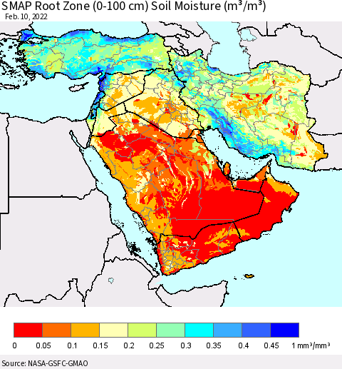 Middle East and Turkey SMAP Root Zone (0-100 cm) Soil Moisture (m³/m³) Thematic Map For 2/6/2022 - 2/10/2022