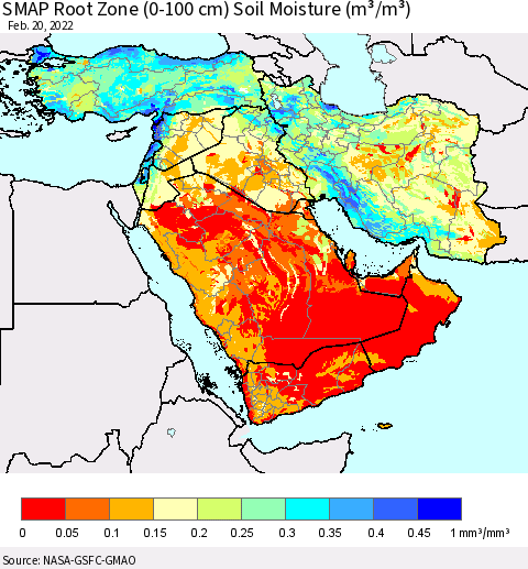 Middle East and Turkey SMAP Root Zone (0-100 cm) Soil Moisture (m³/m³) Thematic Map For 2/16/2022 - 2/20/2022
