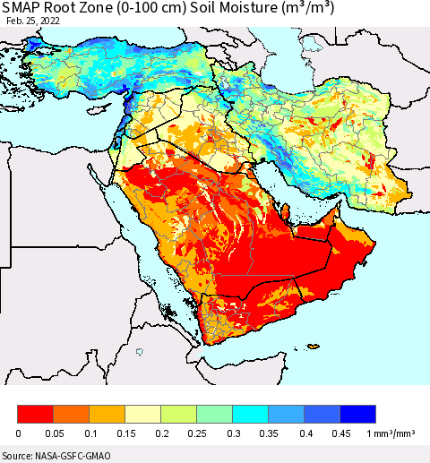 Middle East and Turkey SMAP Root Zone (0-100 cm) Soil Moisture (m³/m³) Thematic Map For 2/21/2022 - 2/25/2022