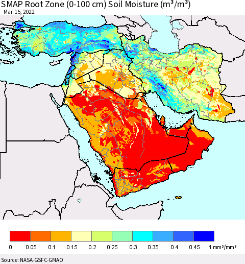 Middle East and Turkey SMAP Root Zone (0-100 cm) Soil Moisture (m³/m³) Thematic Map For 3/11/2022 - 3/15/2022