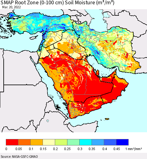 Middle East and Turkey SMAP Root Zone (0-100 cm) Soil Moisture (m³/m³) Thematic Map For 3/16/2022 - 3/20/2022