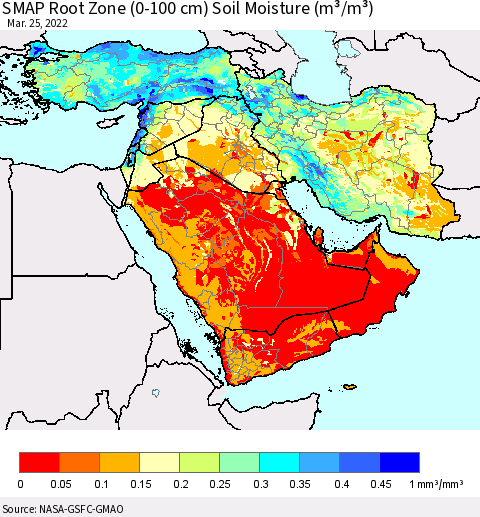 Middle East and Turkey SMAP Root Zone (0-100 cm) Soil Moisture (m³/m³) Thematic Map For 3/21/2022 - 3/25/2022