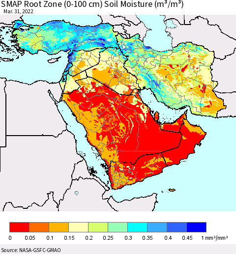 Middle East and Turkey SMAP Root Zone (0-100 cm) Soil Moisture (m³/m³) Thematic Map For 3/26/2022 - 3/31/2022