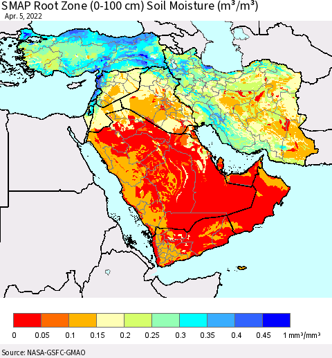 Middle East and Turkey SMAP Root Zone (0-100 cm) Soil Moisture (m³/m³) Thematic Map For 4/1/2022 - 4/5/2022