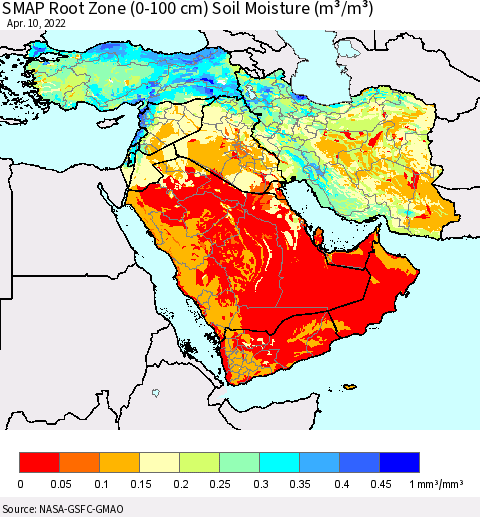 Middle East and Turkey SMAP Root Zone (0-100 cm) Soil Moisture (m³/m³) Thematic Map For 4/6/2022 - 4/10/2022