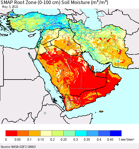 Middle East and Turkey SMAP Root Zone (0-100 cm) Soil Moisture (m³/m³) Thematic Map For 5/1/2022 - 5/5/2022