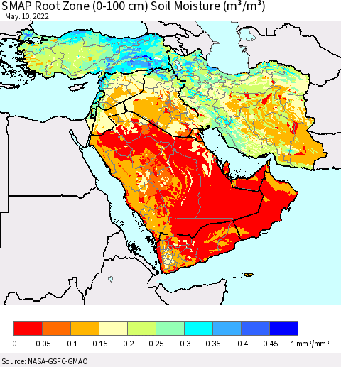 Middle East and Turkey SMAP Root Zone (0-100 cm) Soil Moisture (m³/m³) Thematic Map For 5/6/2022 - 5/10/2022