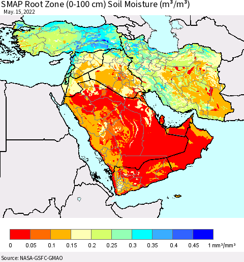 Middle East and Turkey SMAP Root Zone (0-100 cm) Soil Moisture (m³/m³) Thematic Map For 5/11/2022 - 5/15/2022