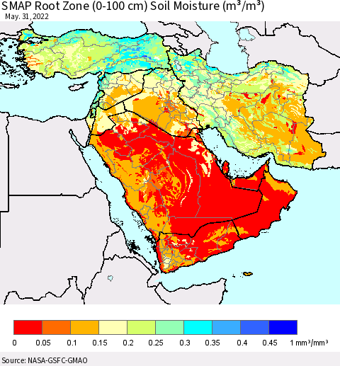 Middle East and Turkey SMAP Root Zone (0-100 cm) Soil Moisture (m³/m³) Thematic Map For 5/26/2022 - 5/31/2022