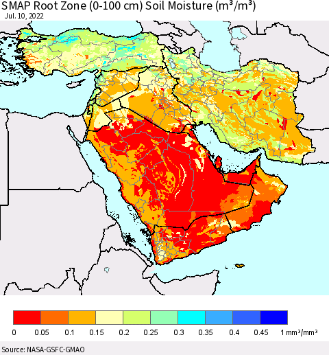 Middle East and Turkey SMAP Root Zone (0-100 cm) Soil Moisture (m³/m³) Thematic Map For 7/6/2022 - 7/10/2022