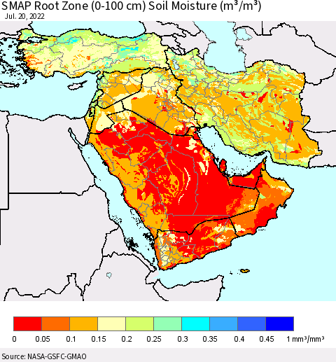 Middle East and Turkey SMAP Root Zone (0-100 cm) Soil Moisture (m³/m³) Thematic Map For 7/16/2022 - 7/20/2022