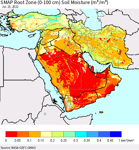 Middle East and Turkey SMAP Root Zone (0-100 cm) Soil Moisture (m³/m³) Thematic Map For 7/21/2022 - 7/25/2022