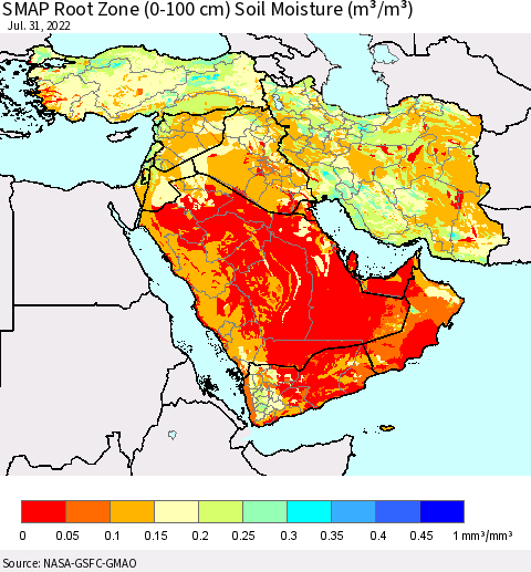 Middle East and Turkey SMAP Root Zone (0-100 cm) Soil Moisture (m³/m³) Thematic Map For 7/26/2022 - 7/31/2022