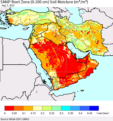 Middle East and Turkey SMAP Root Zone (0-100 cm) Soil Moisture (m³/m³) Thematic Map For 8/1/2022 - 8/5/2022